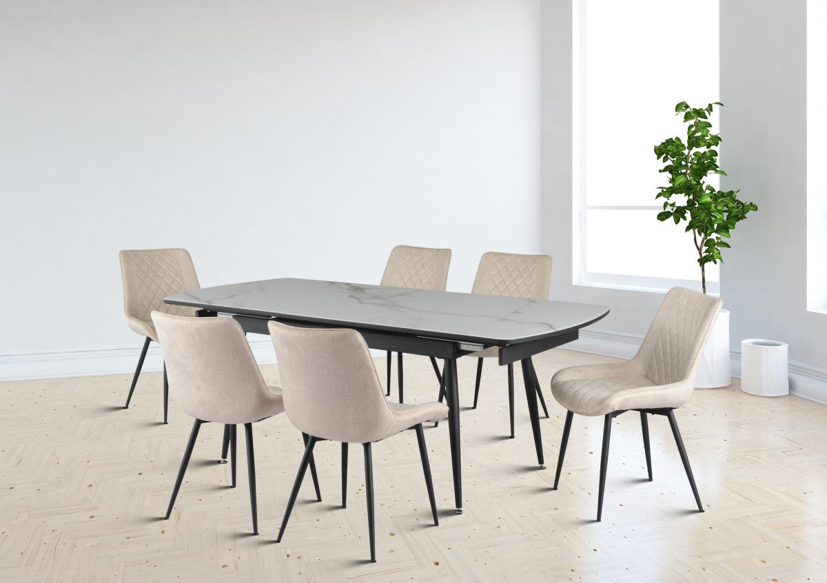 Fabian Extendable Dining Table With 6 Tufted Chairs White/Beige 15676(Discontinued)