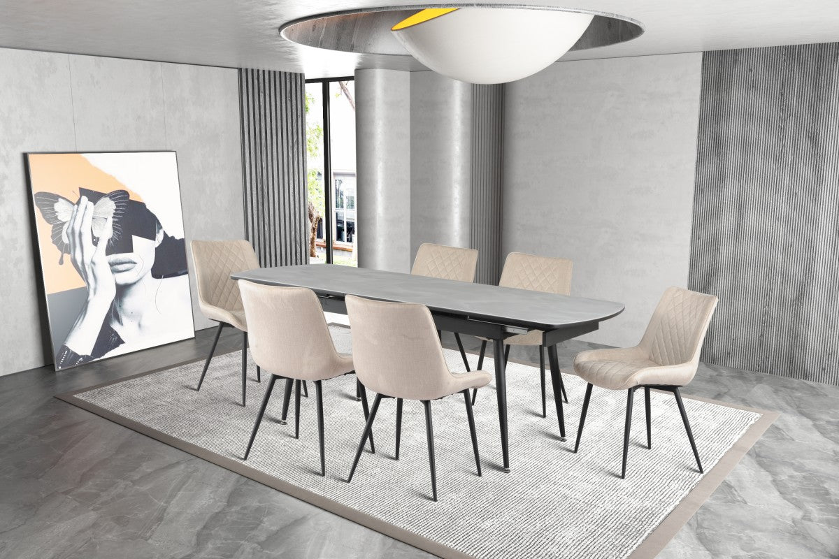 Fabian Extendable Dining Table With 6 Tufted Chairs Light Grey/Beige 15669(Discontinued)