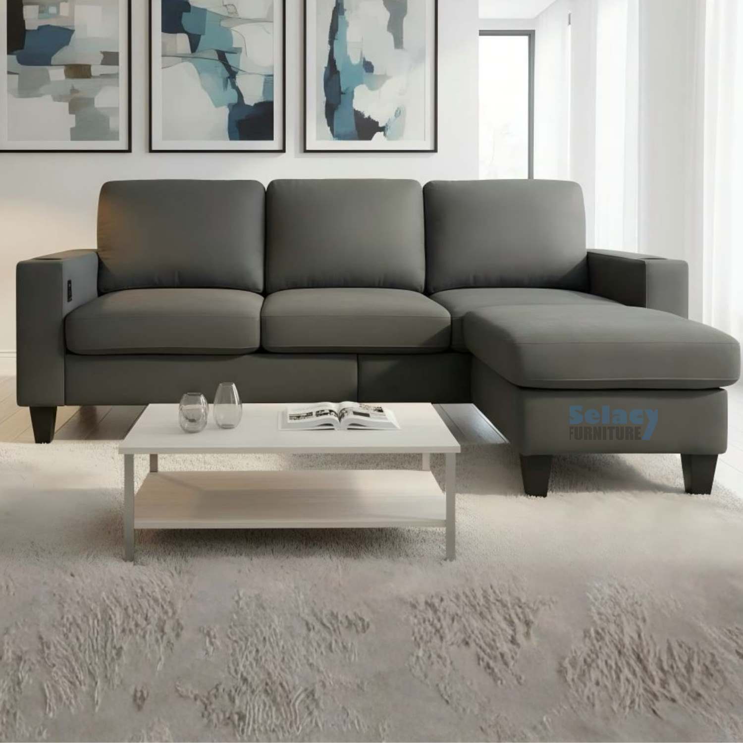 Dark Grey Fabric Reversible Sectional Sofa With USB Port and Side Pocket 2215