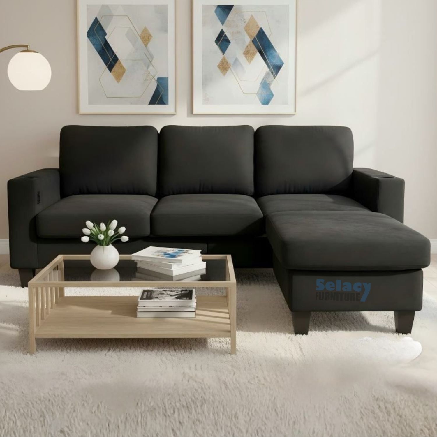 Black Fabric Reversible Sectional Sofa With USB Port and Side Pocket 2215