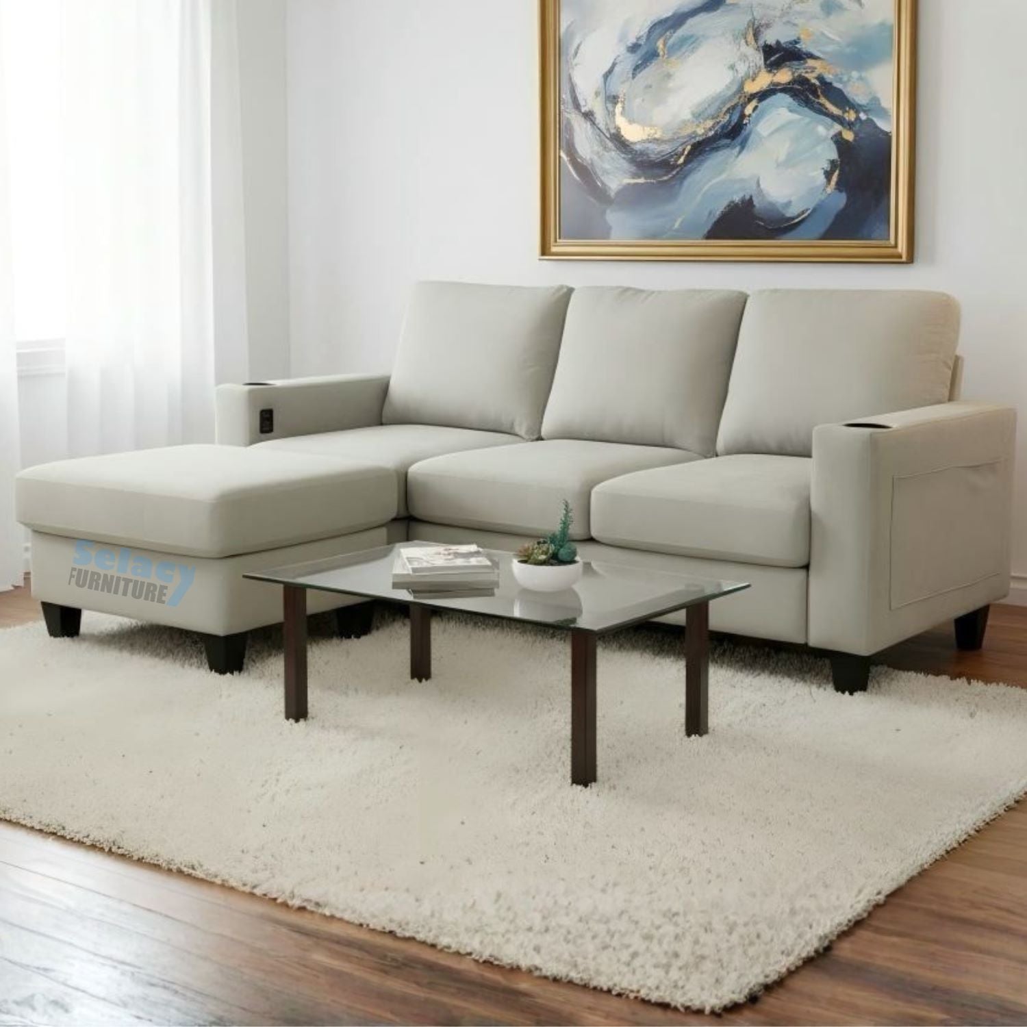 Light Grey Fabric Reversible Sectional Sofa With USB Port and Side Pocket 2215