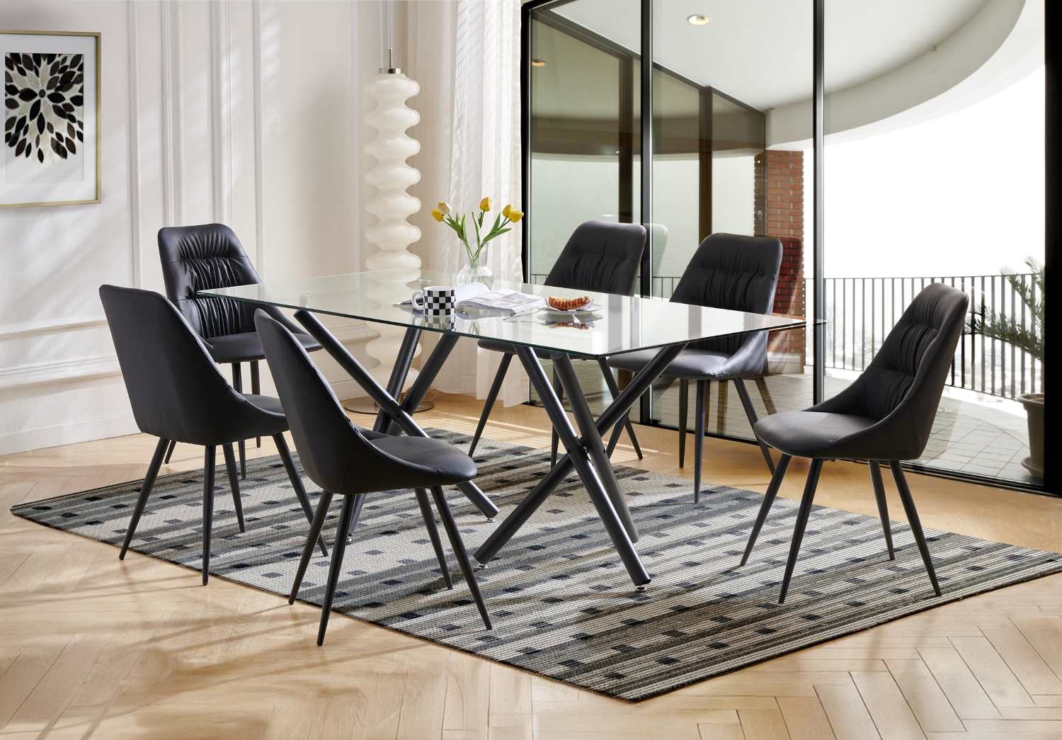 Fannia-Tomaso Glass Dining Table with Black Faux Leather Chairs 6038