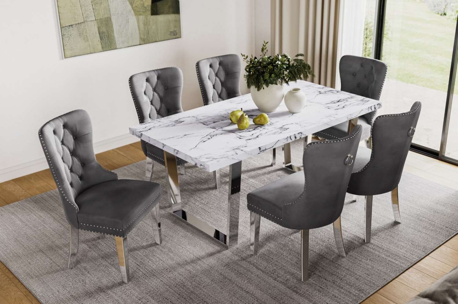Faux Marble Finish Dining Table With Grey Velvet Chairs 3355 / 247