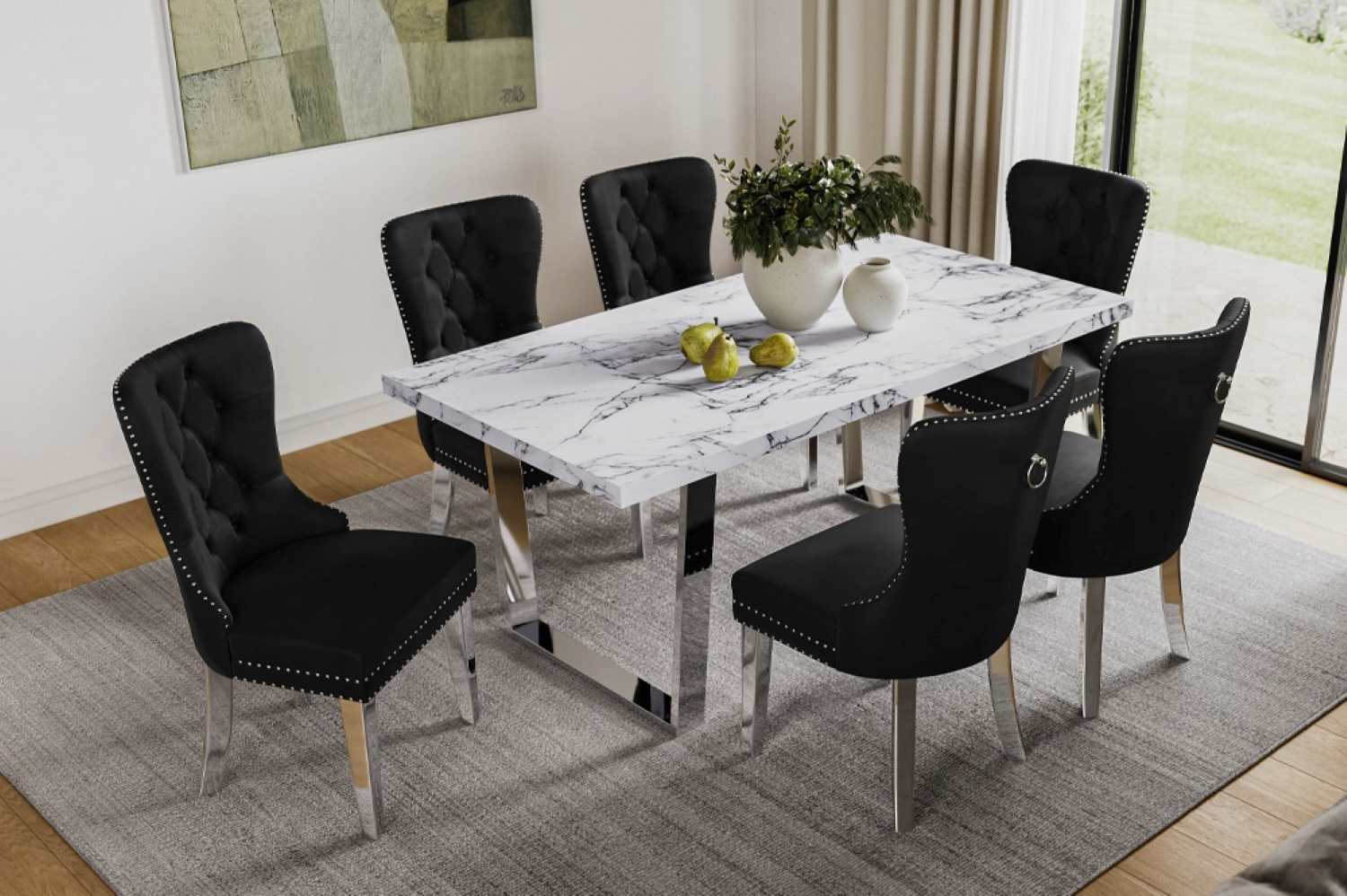 Faux Marble Finish Dining Table with Black Velvet Chairs 3355 / 247