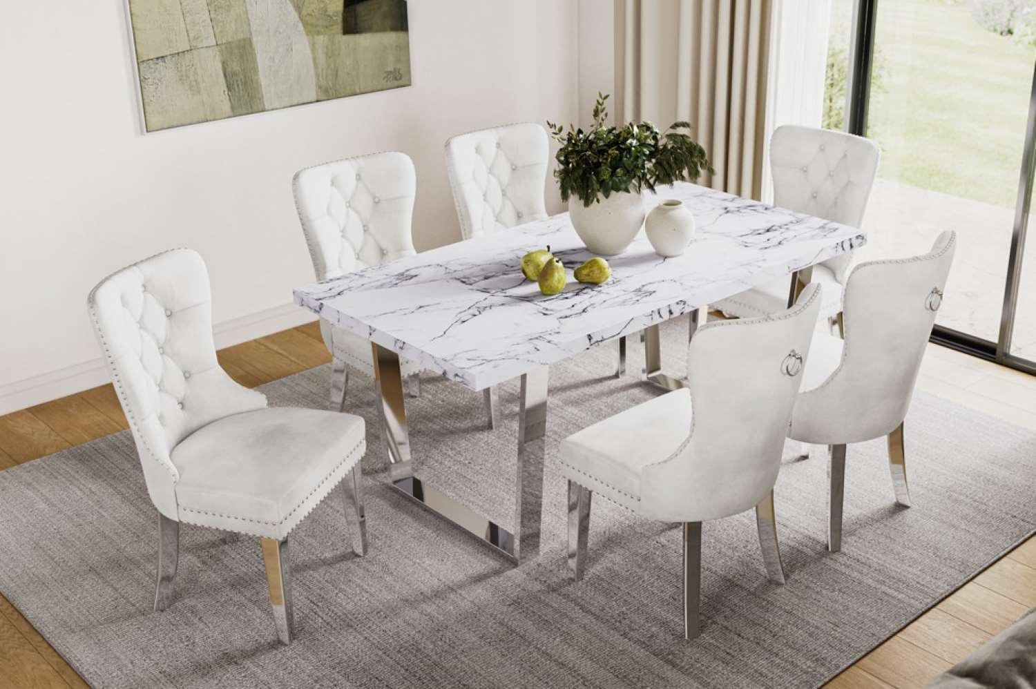 Faux Marble Finish Dining Table with White Velvet Chairs 3355 247