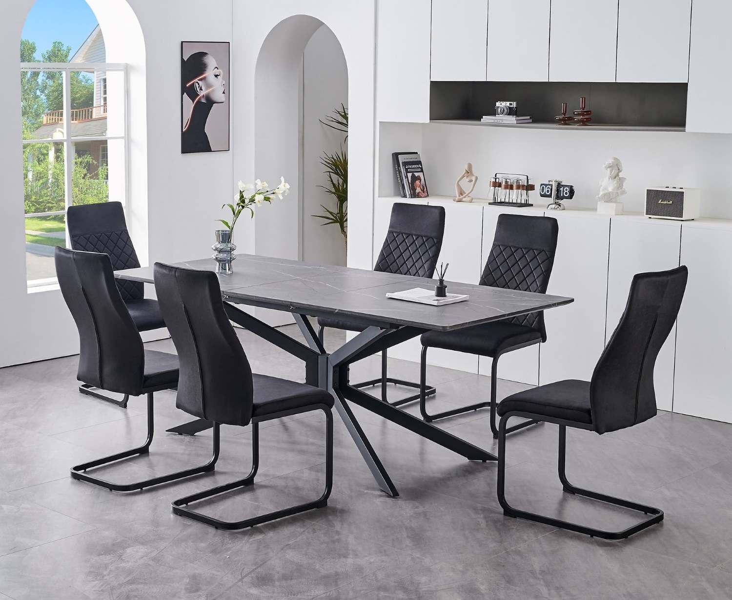 Faux Marble Extended Dining Table with Soft Black Velvet Chairs T-1570/C-1571
