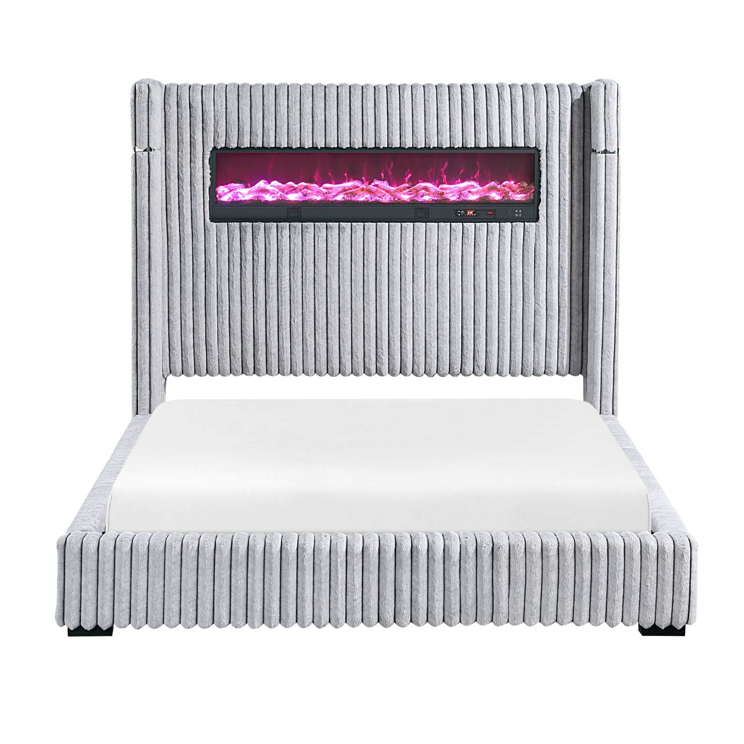 Fitzroy Grey Corduroy Fabric Bed with Wingback Headboard & Fireplace 2411
