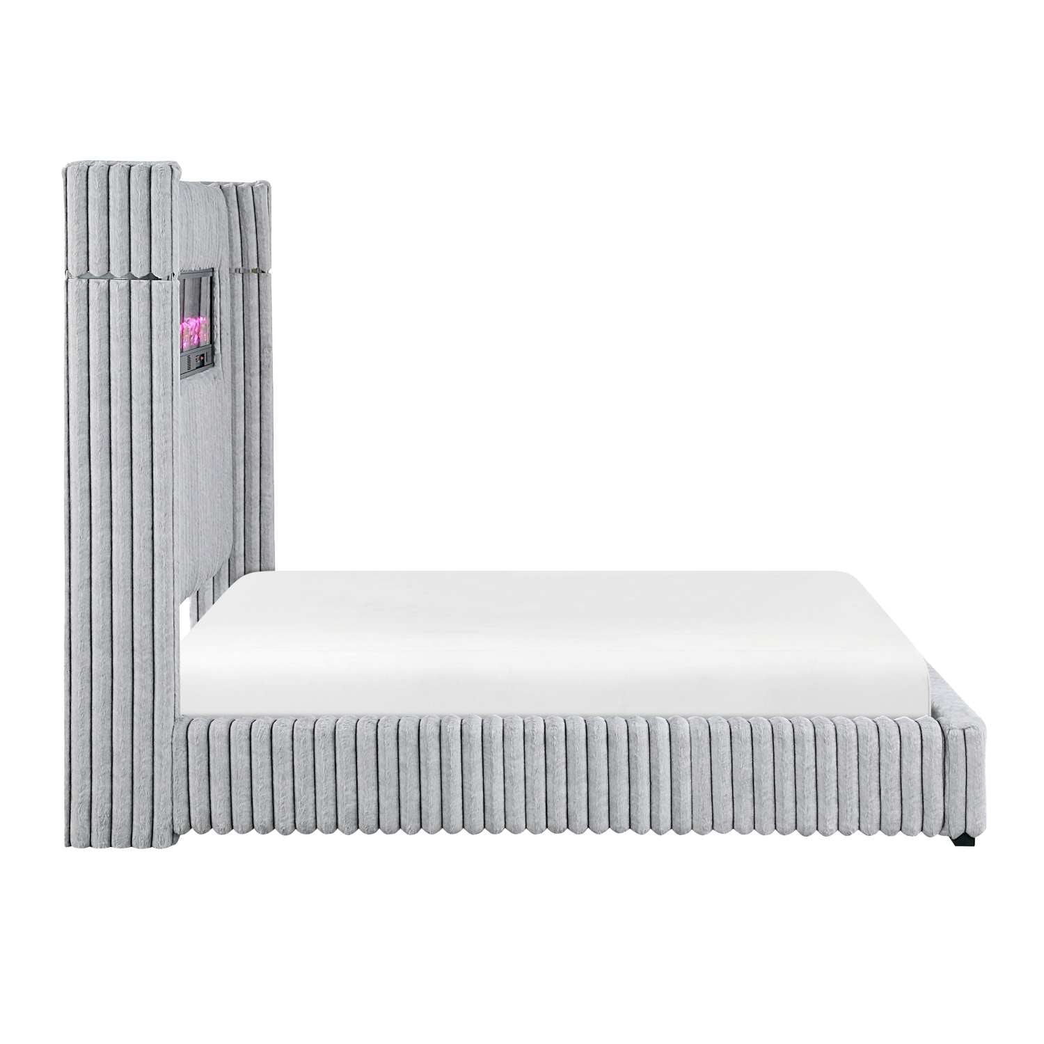 Fitzroy Grey Corduroy Fabric Bed with Wingback Headboard & Fireplace 2411