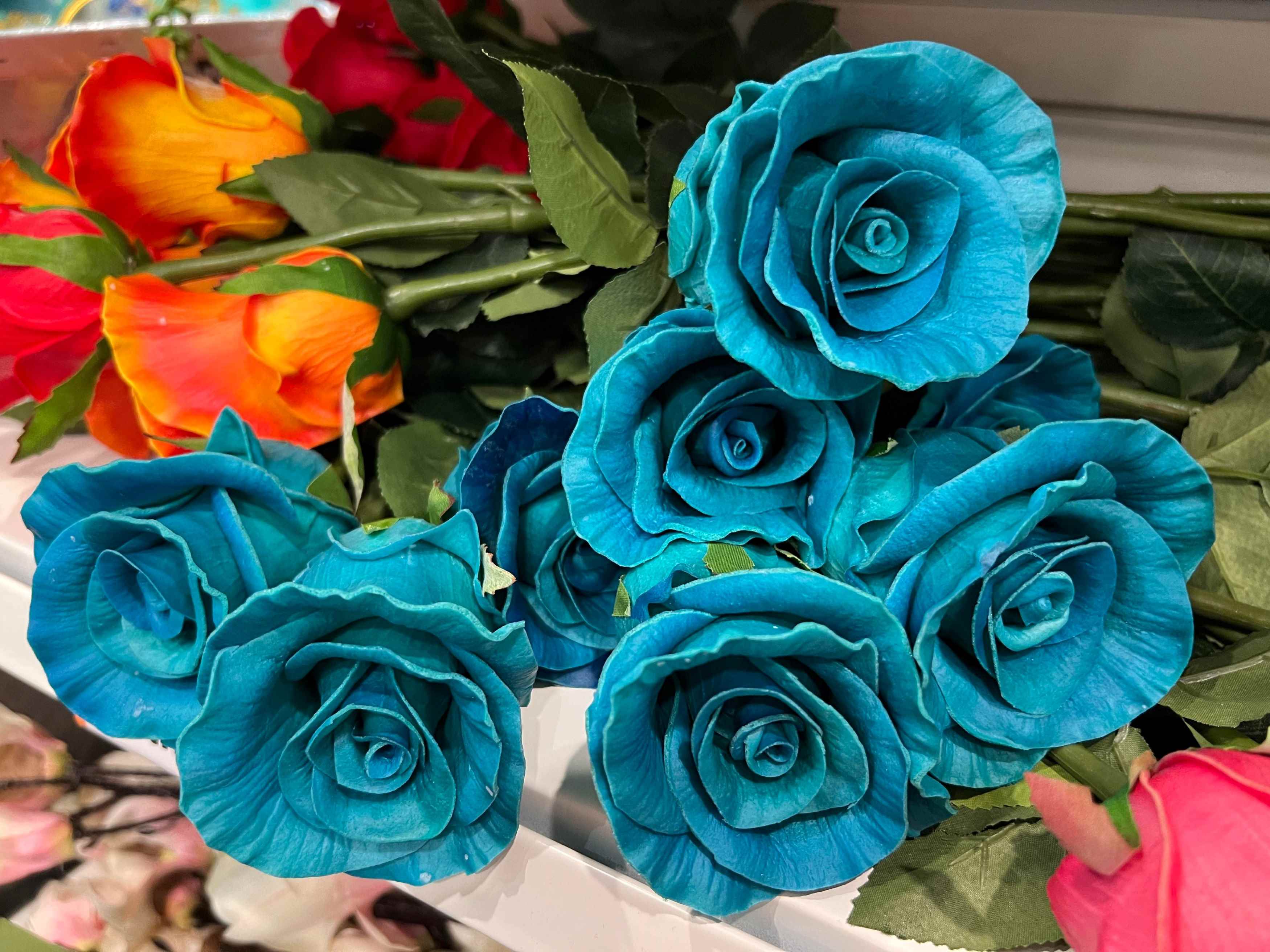 Flower Rose Artificial Real Touch With Stem Made From Premium PU Leather in Blue Color