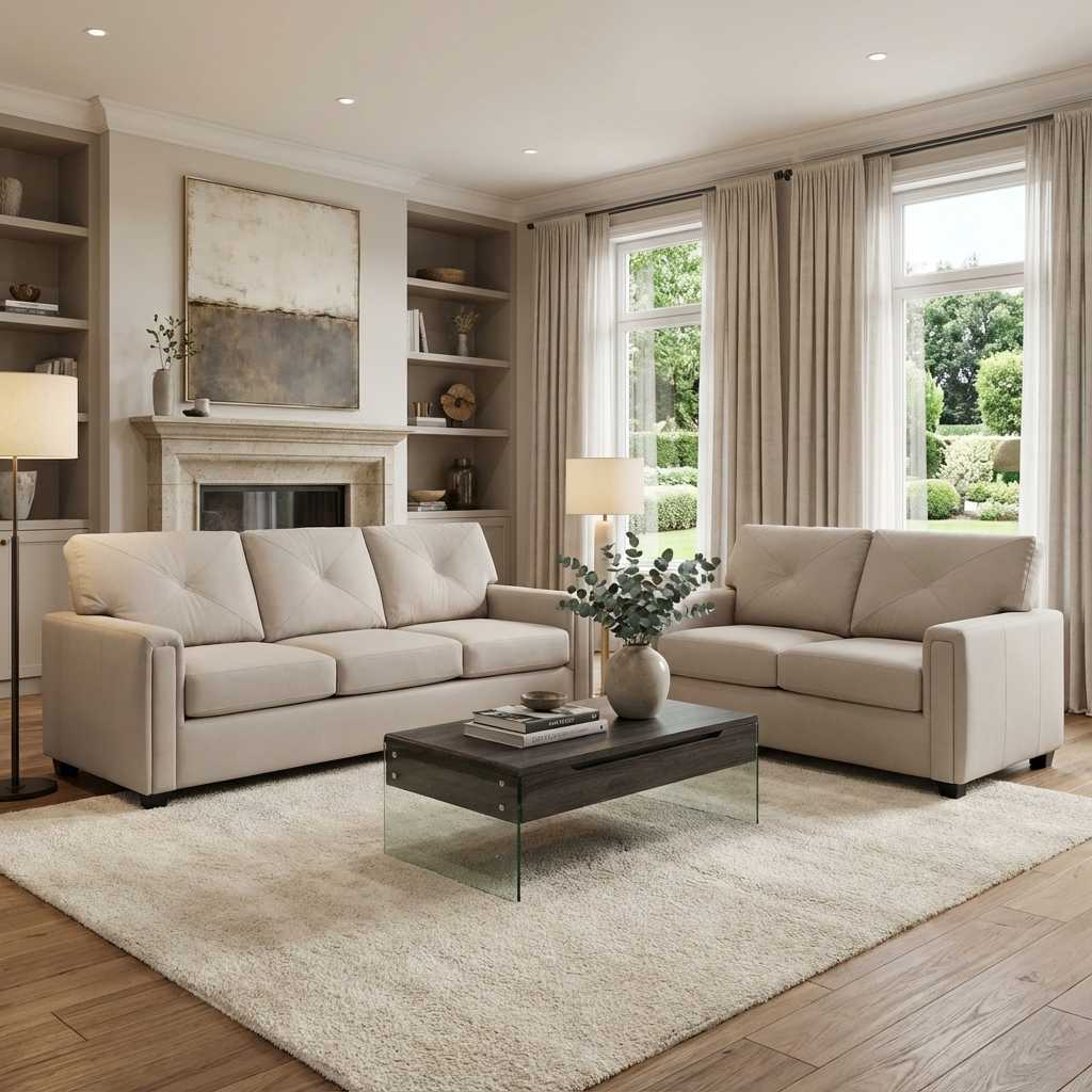 Living room with beige sofas, a coffee table, and decorative elements.