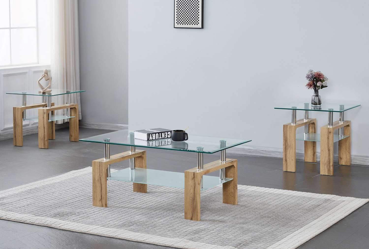 Glass Coffee Table Set With Light Natural Wood Finish Legs 2062