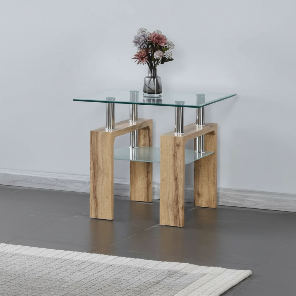 Glass Coffee Table Set With Light Natural Wood Finish Legs 2062