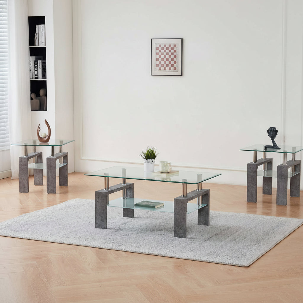 Glass Coffee Table Set With Grey Faux Marble Legs 2061