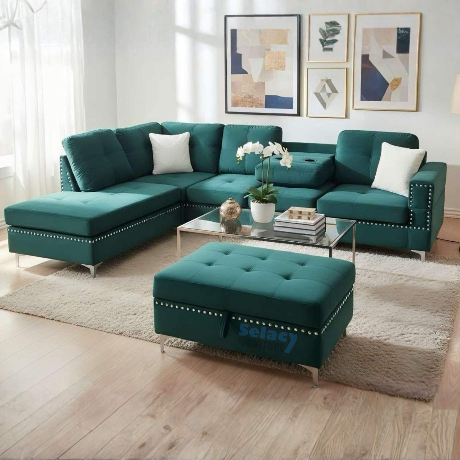 Green Velvet Reversible Sectional Sofa with Ottoman 2402