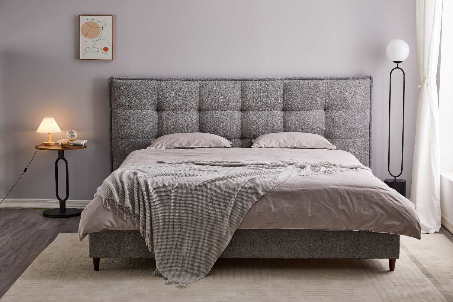 Grey Boucle Fabric Platform Bed With Black Steel Legs 5940