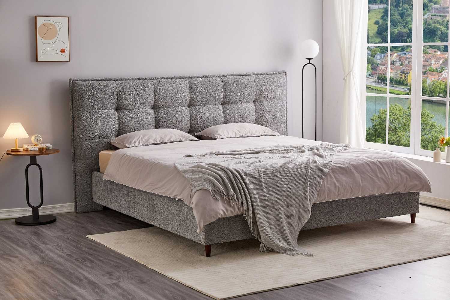 Grey Boucle Fabric Platform Bed With Black Steel Legs 5940