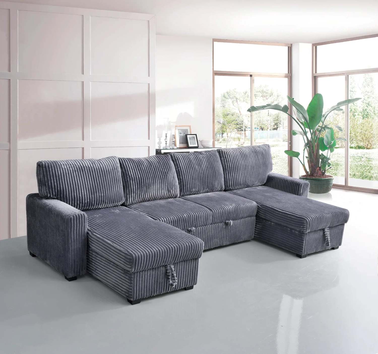 Grey Corduroy Fabric Sectional Sofa Bed with Lift-up Storage 504