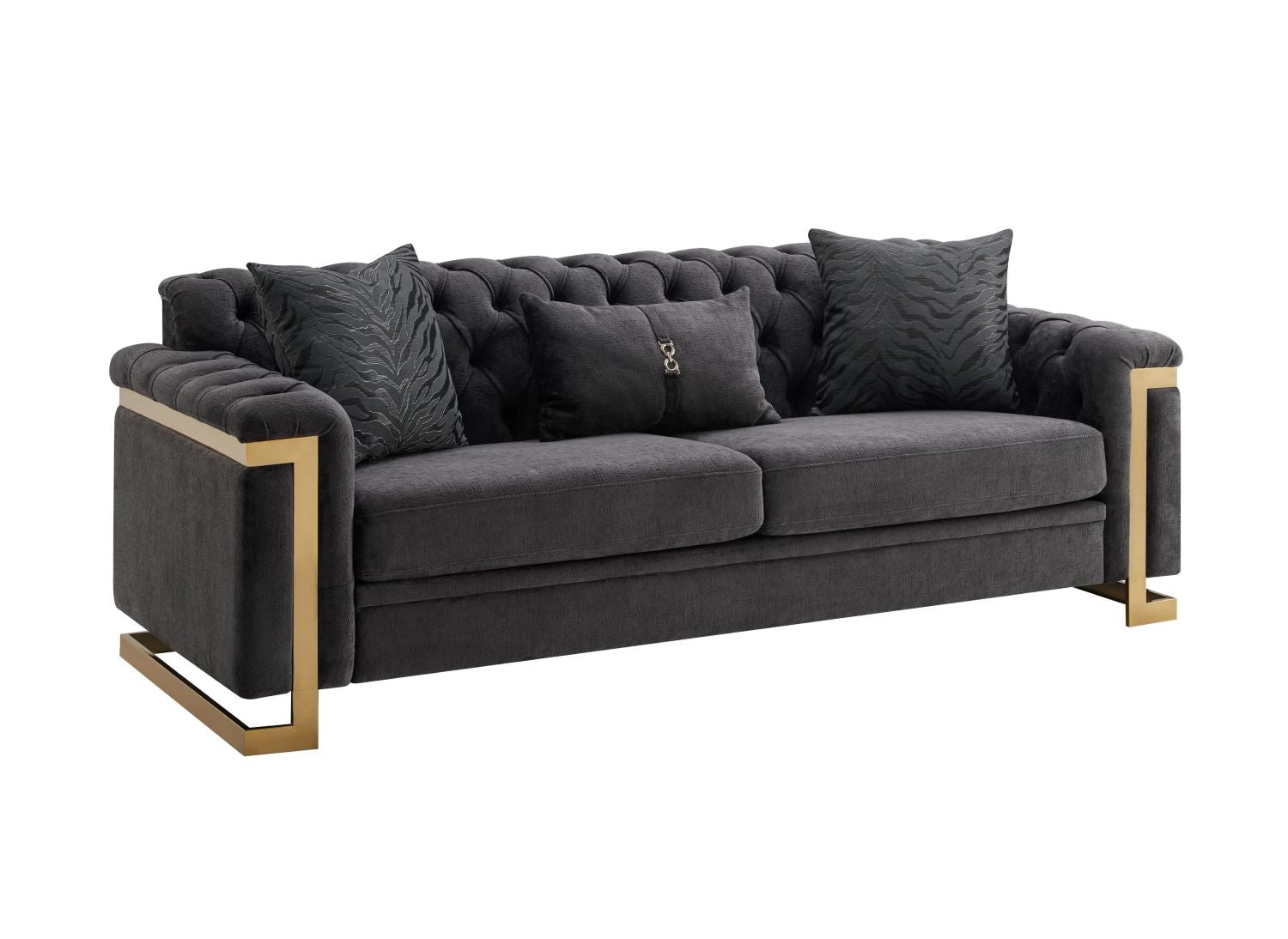 Grey Fabric 3pc Tufted Sofa Set with Gold Accents 313