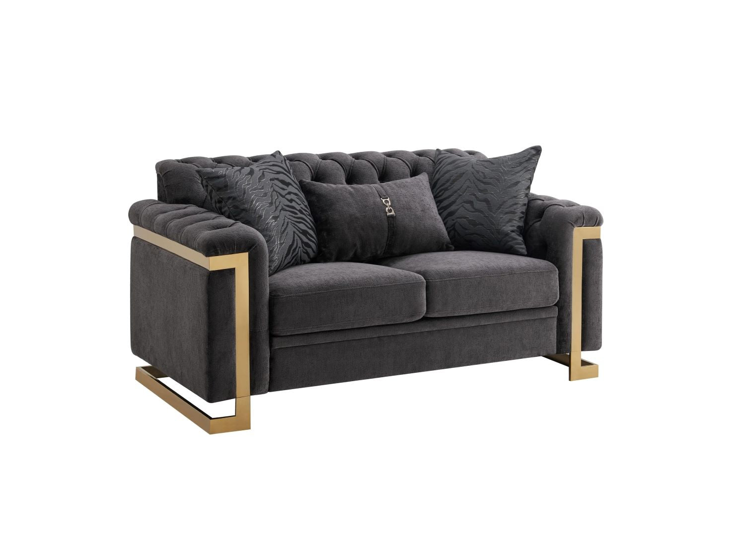 Grey Fabric 3pc Tufted Sofa Set with Gold Accents 313