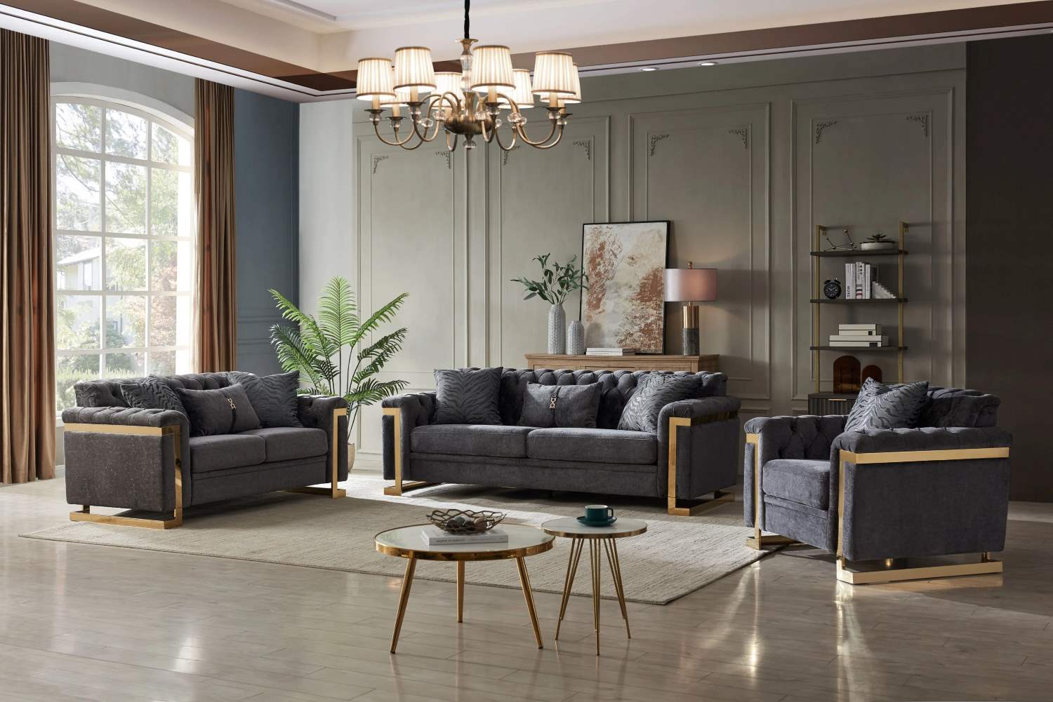 Grey Fabric 3pc Tufted Sofa Set with Gold Accents 313