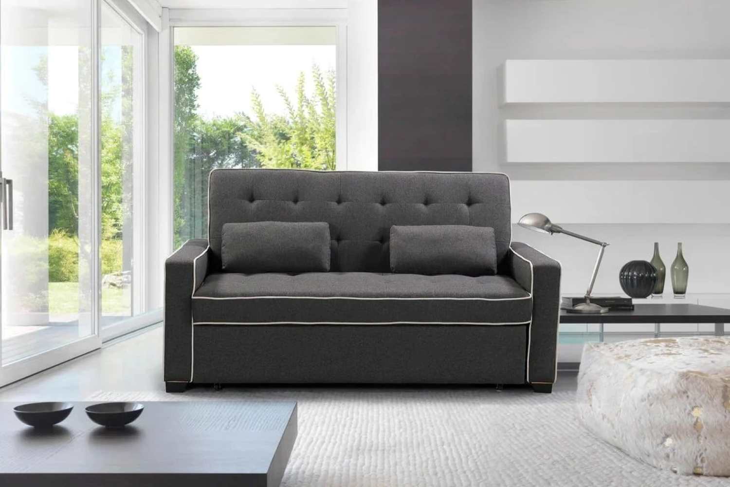 Grey Fabric Adjustable Backrest Sofa Bed with Two Toss Pillows 945