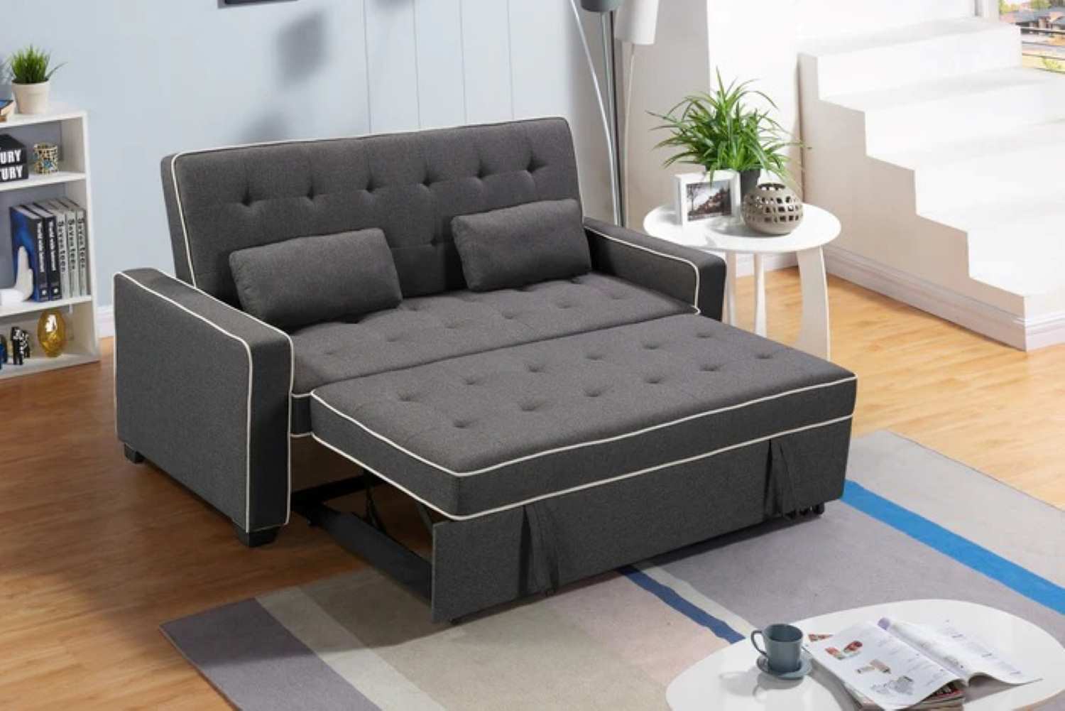Grey Fabric Adjustable Backrest Sofa Bed with Two Toss Pillows 945
