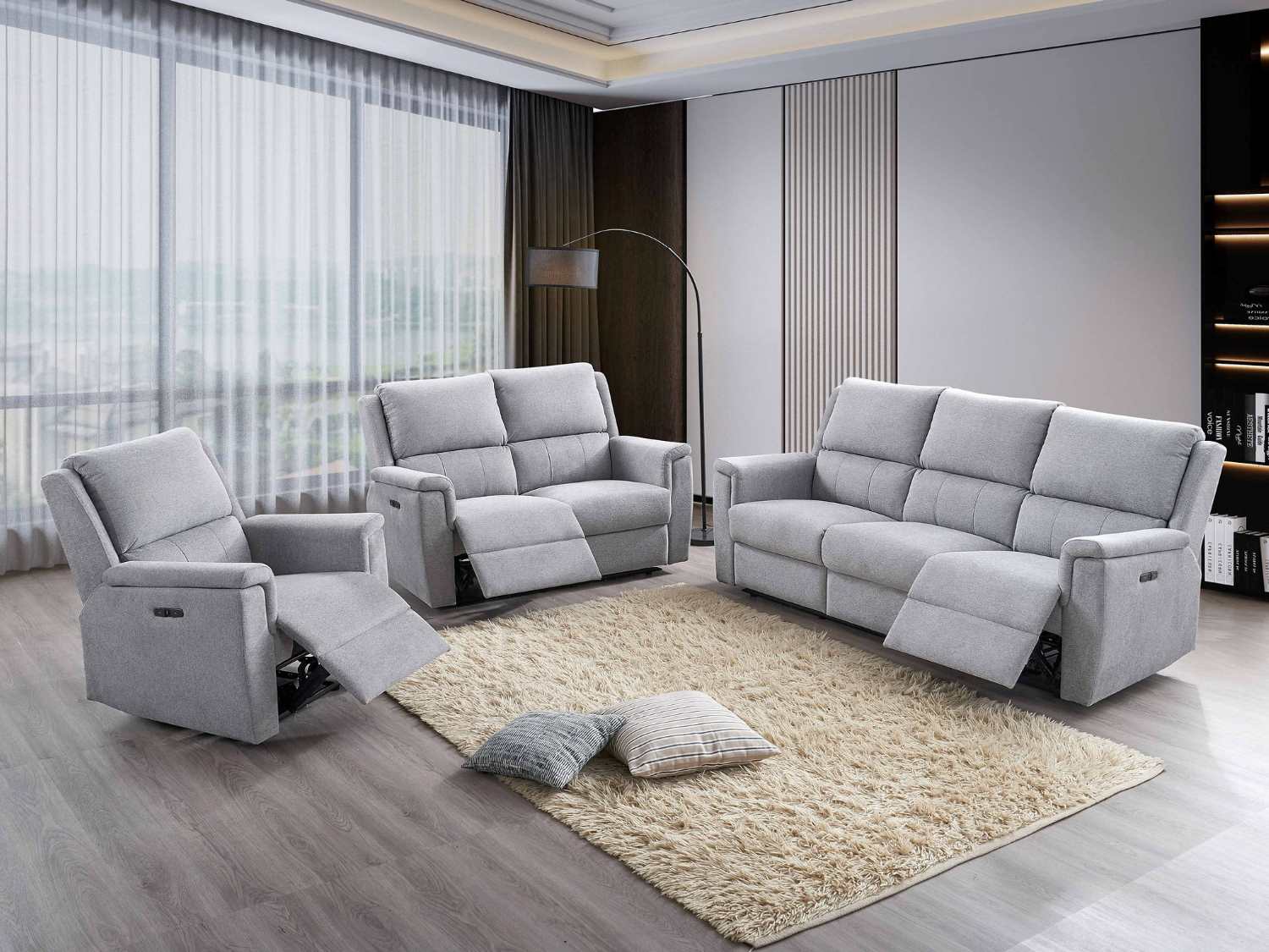 Grey Fabric Power Recliner Sofa Set With USB Ports 8155