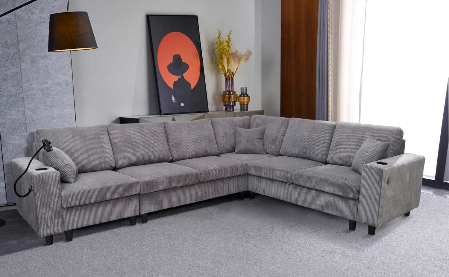 Grey Fabric Reversible Sectional Sofa With USB Charging Ports 2493