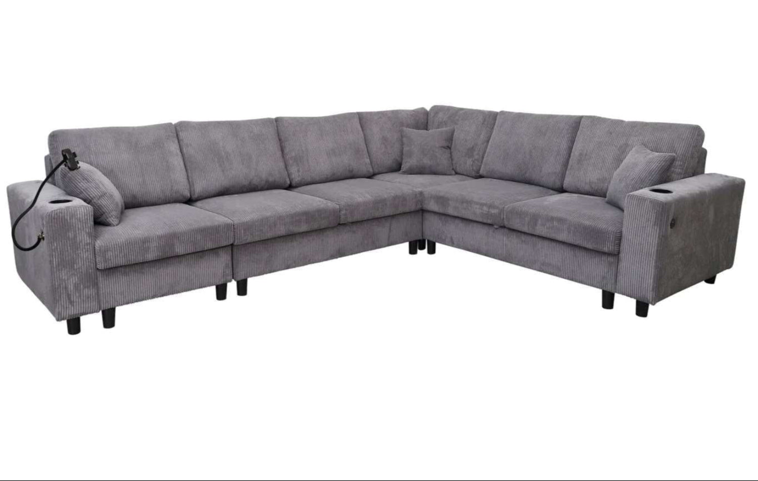 Grey Fabric Reversible Sectional Sofa With USB Charging Ports 2493