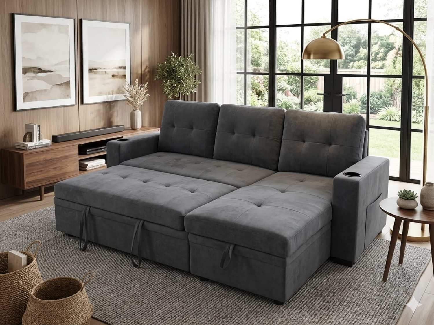 Grey Fabric Reversible Sofa Bed with USB Charger & Cup Holders 712A