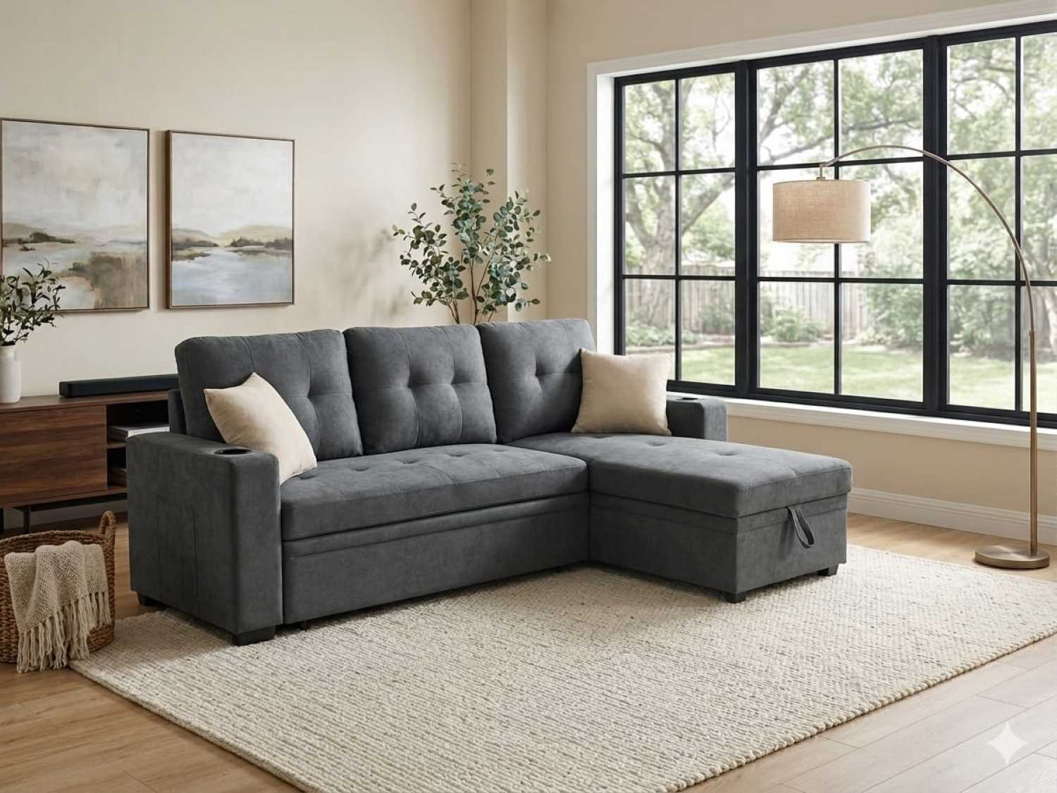 Grey Fabric Reversible Sofa Bed with USB Charger & Cup Holders 712A