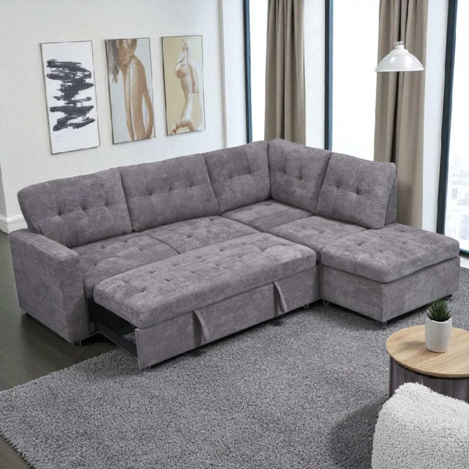 Grey Fabric Sectional Right Chaise Sofa Bed F19