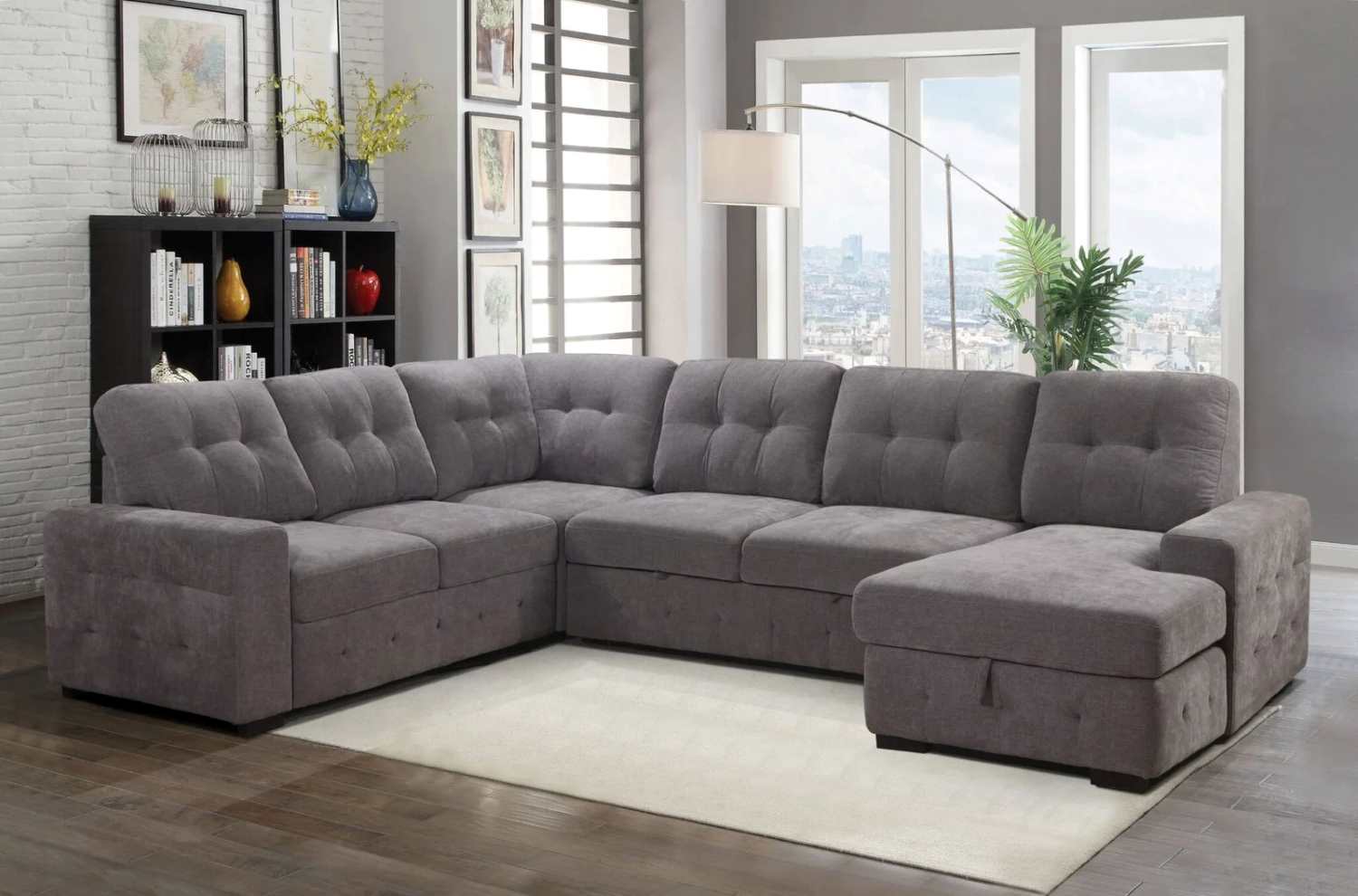 Grey Fabric Sectional Sofa Bed With Built In Storage 3636