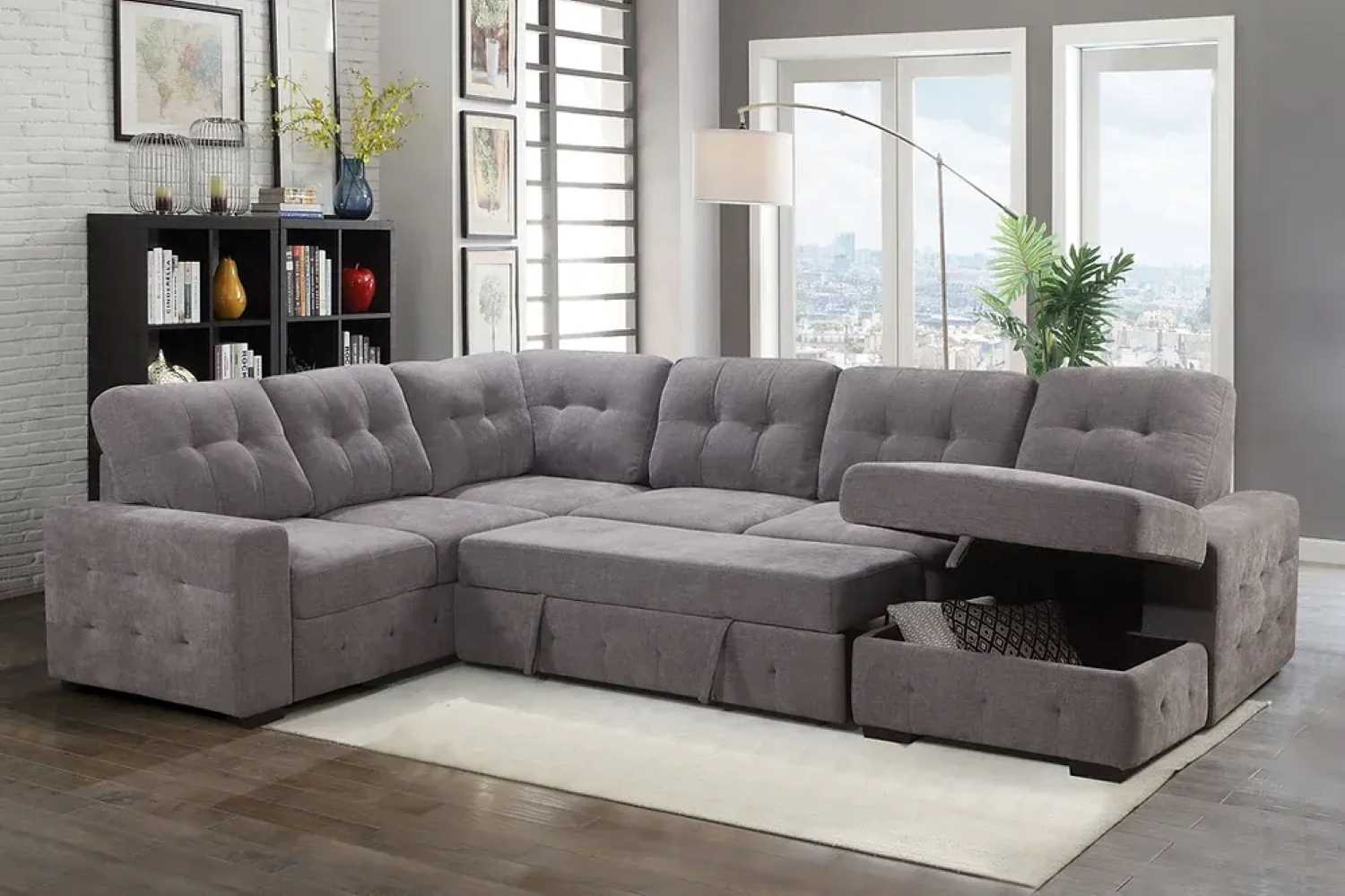 Grey Fabric Sectional Sofa Bed With Built In Storage 3636