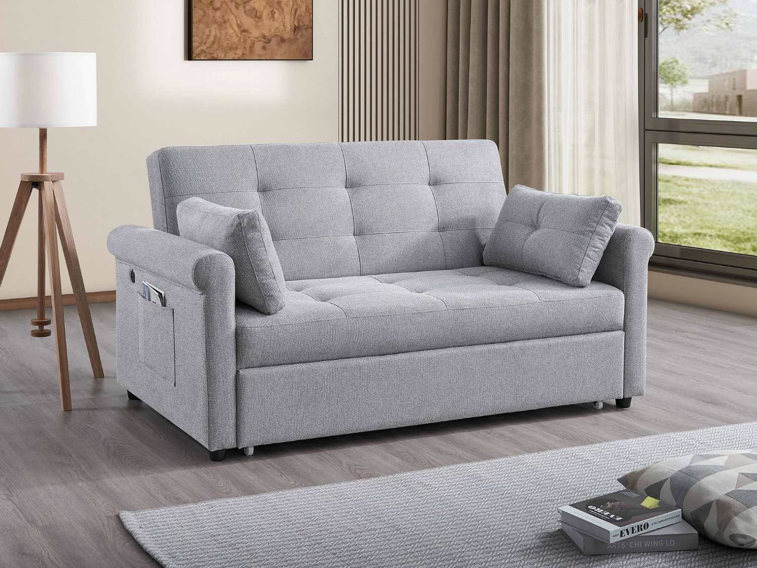 Grey Fabric Sofa Bed With Built-in Charging Station 9045 (64")