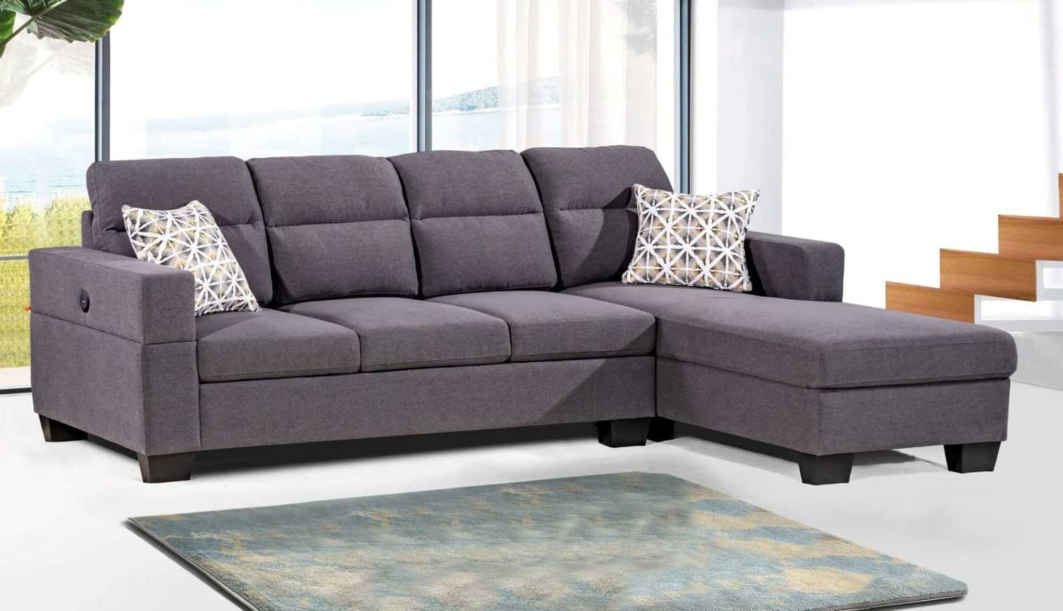 Grey Fabric Upholstered Sectional Sofa With USB Charging Ports 7212