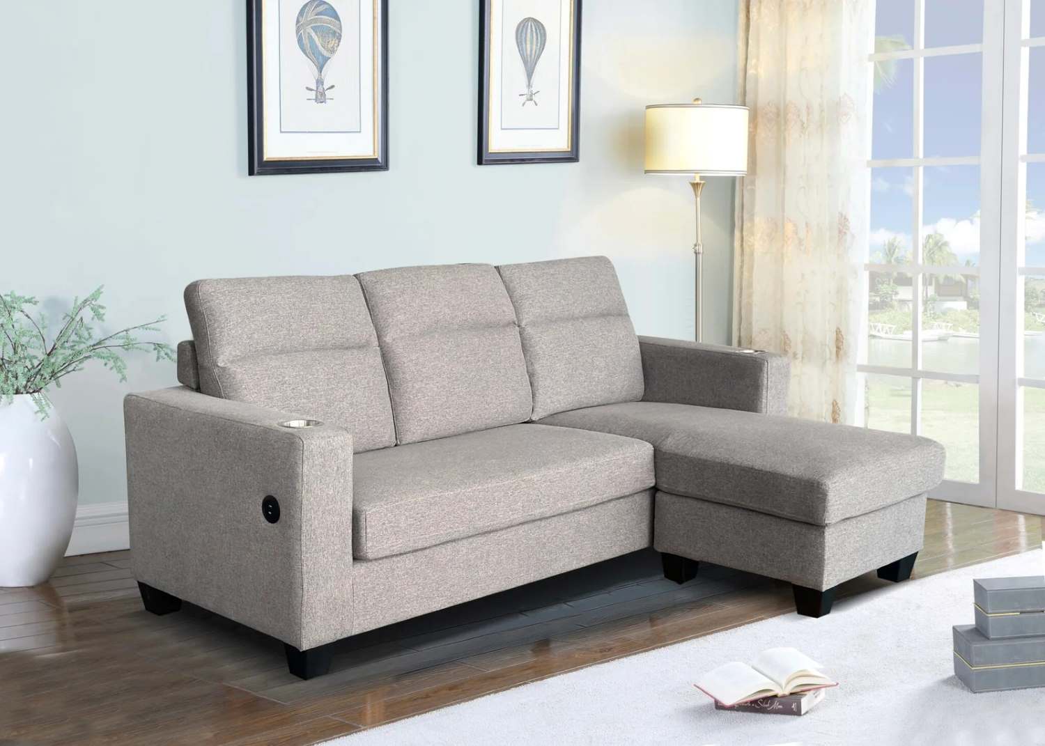 Grey Fabric reversible Sectional Sofa with USB Port and Cup holders 4212