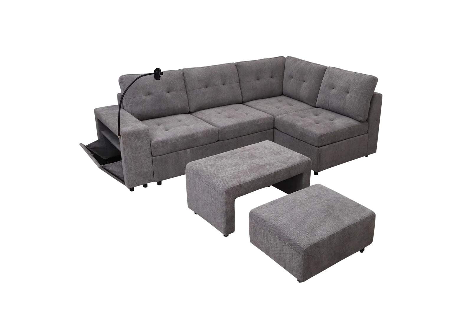 Grey Fabric sectional Sofa With Nesting Bench & Ottoman 2480