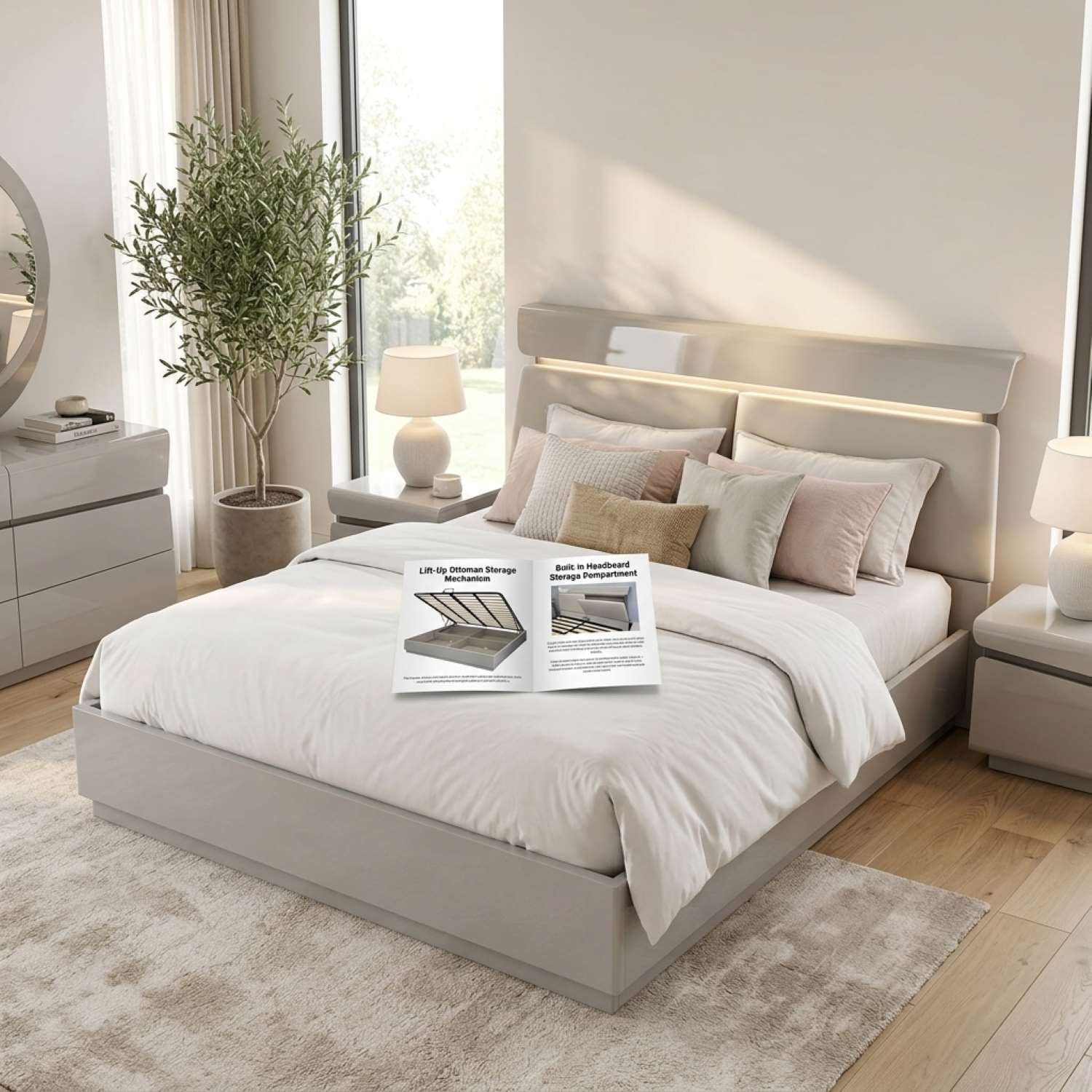 Grey Lacquer Hydraulic Lift Bedroom Set with PU & LED Headboard 540
