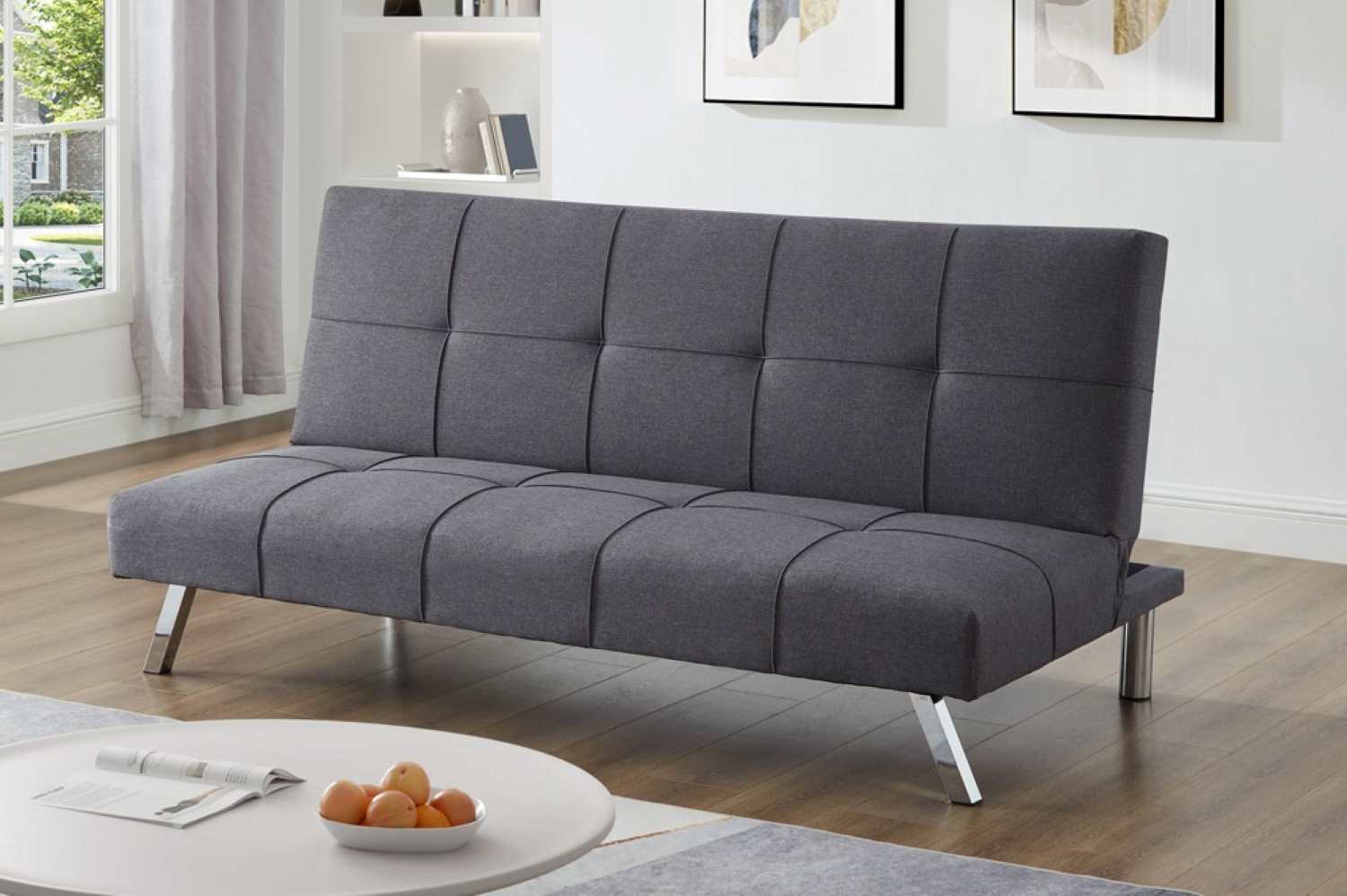 Grey Linen Fabric Buttonless Tufting Klick Klack Sofa Bed 1530