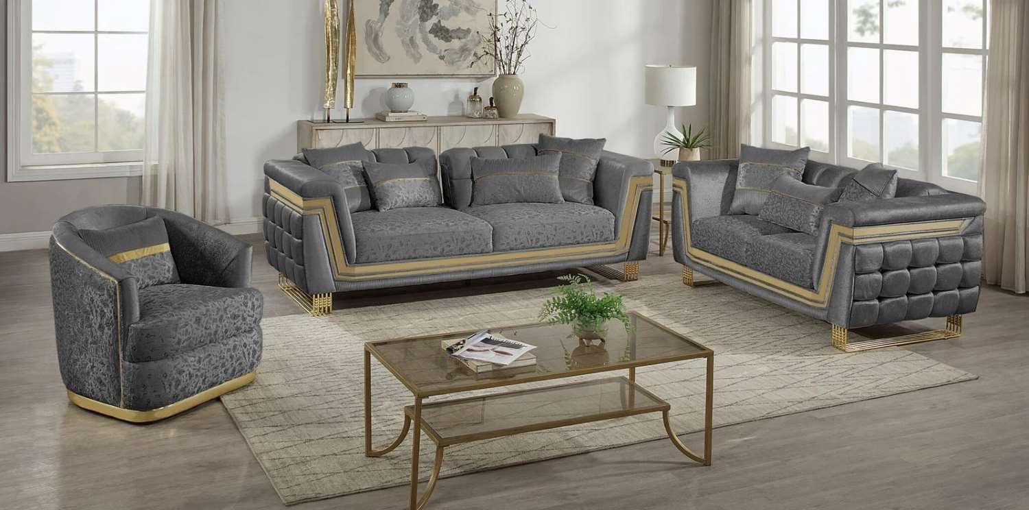 Grey Velvet Fabric 3pc Sofa Set with Gold Accents 387