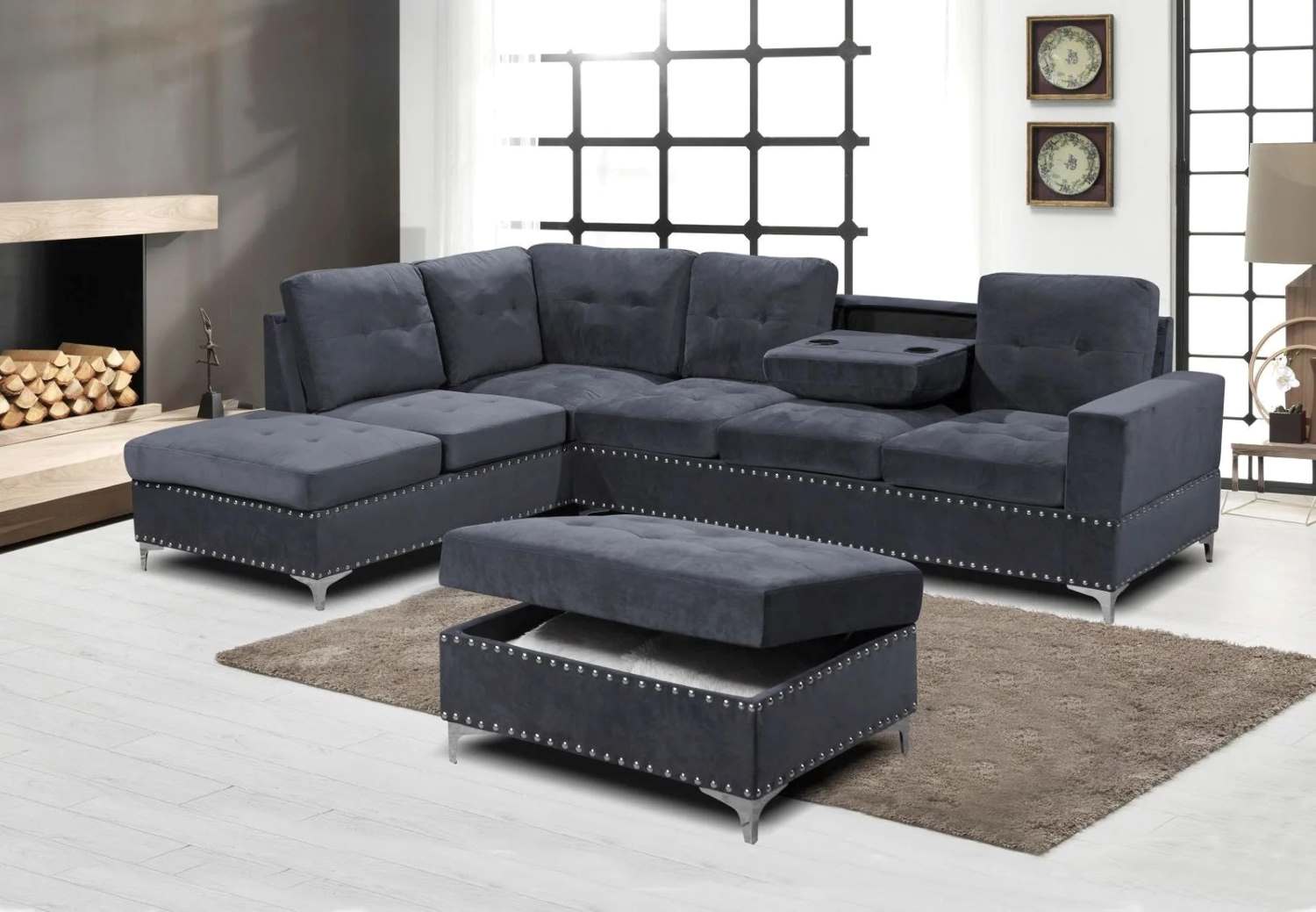 Grey Velvet Reversible Sectional Sofa With Storage Ottoman 2620