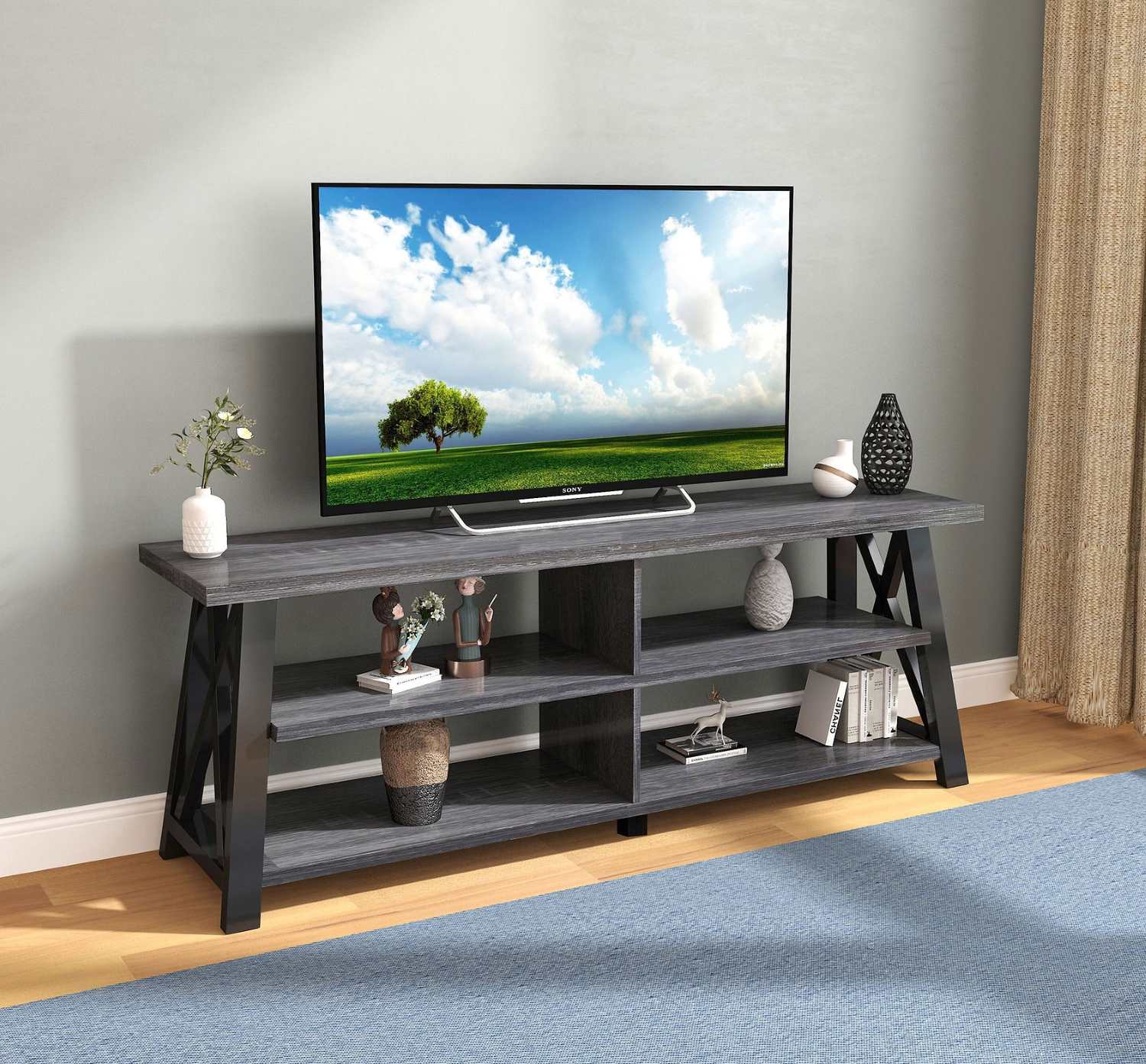 Grey Wooden TV Stand with X-Frame Side Panels 5010