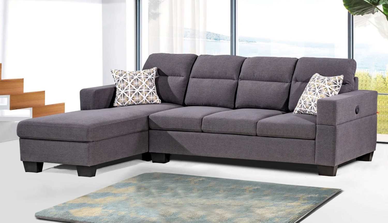 Grey Fabric Upholstered Sectional Sofa With USB Charging Ports 7212