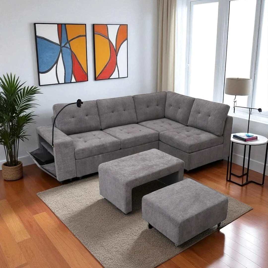 Grey Fabric sectional Sofa With Nesting Bench & Ottoman 2480