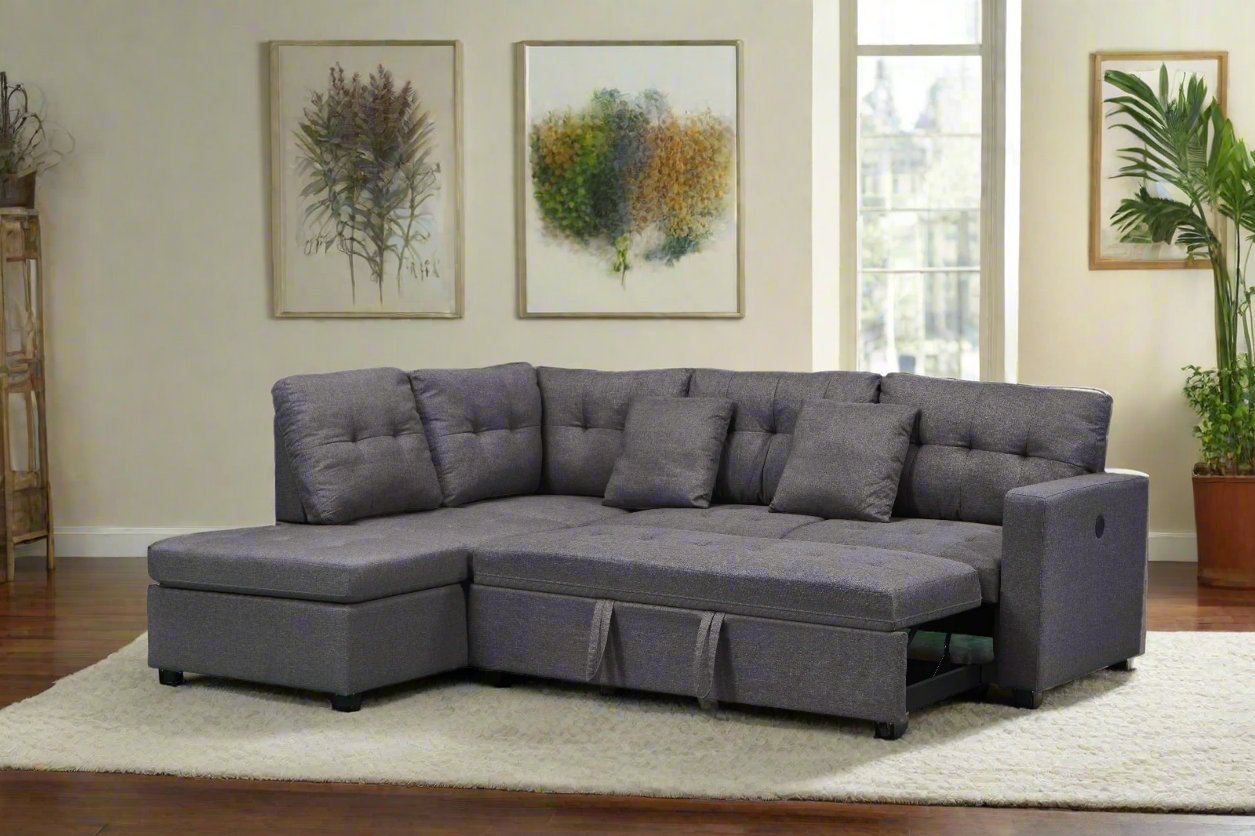 Grey Fabric Sectional Sofa Bed With USB Charging Ports 9288