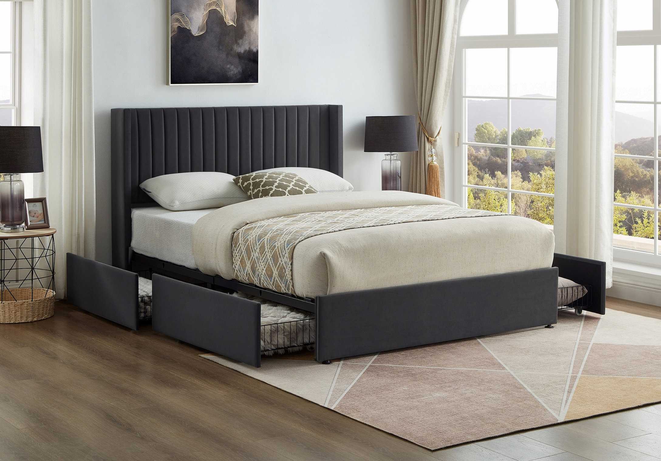 Grey Velvet Platform Bed With Contemporary Wingback Headboard 5408