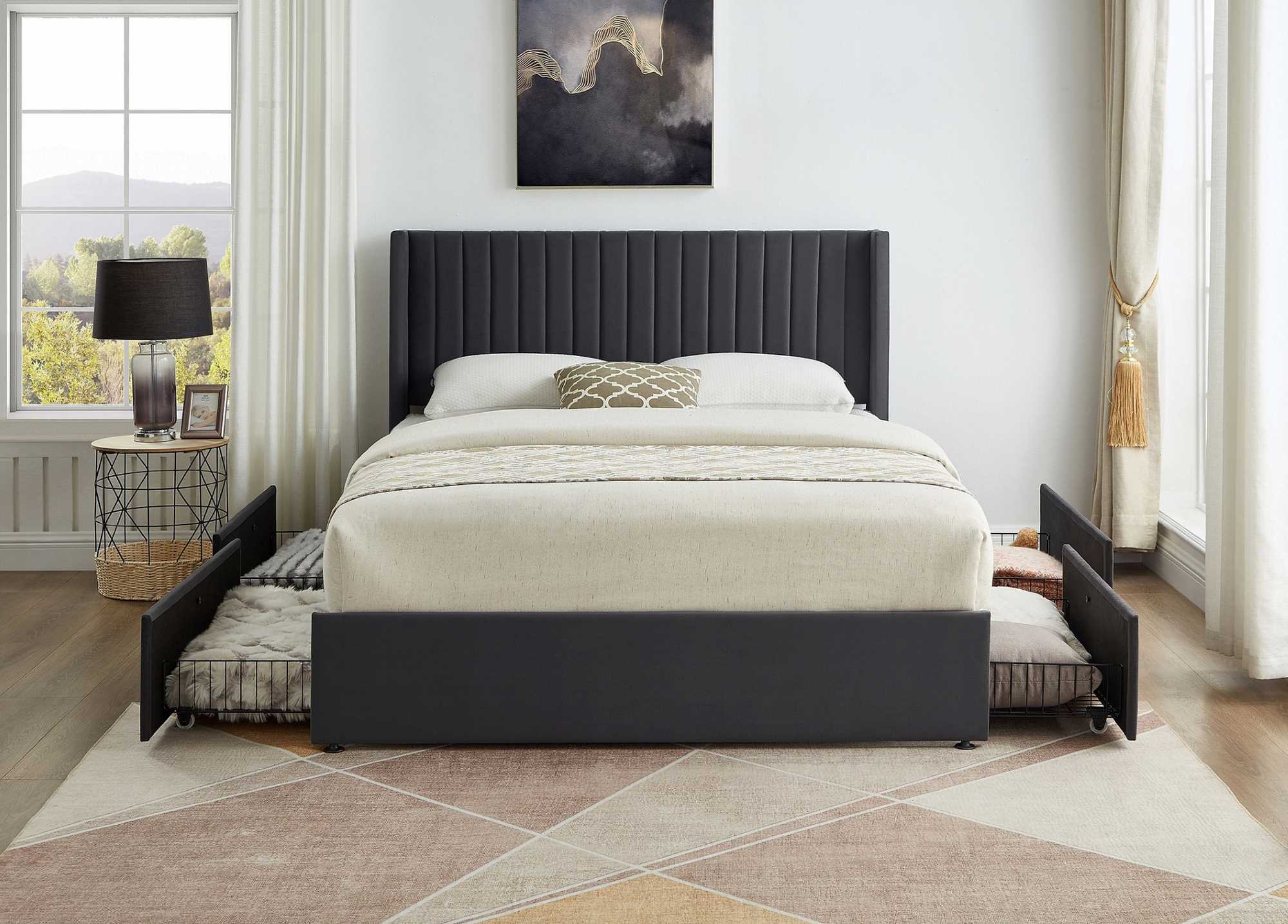 Grey Velvet Platform Bed With Contemporary Wingback Headboard 5408