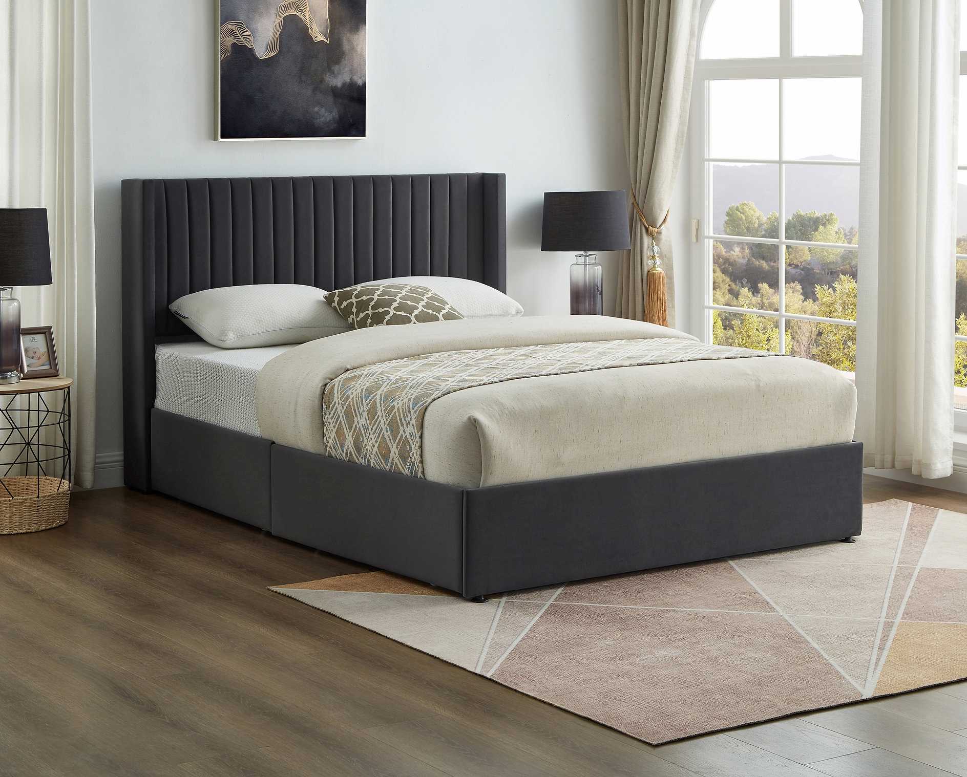 Grey Velvet Platform Bed With Contemporary Wingback Headboard 5408