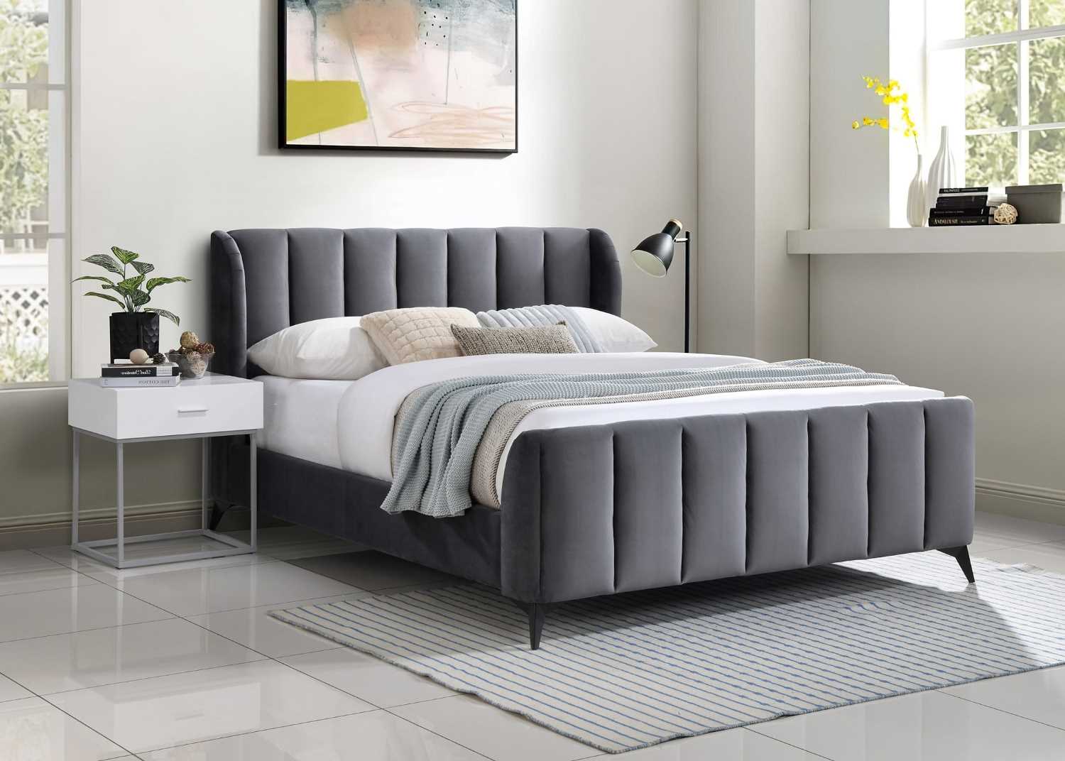 Grey Velvet Upholstered Bed 5545